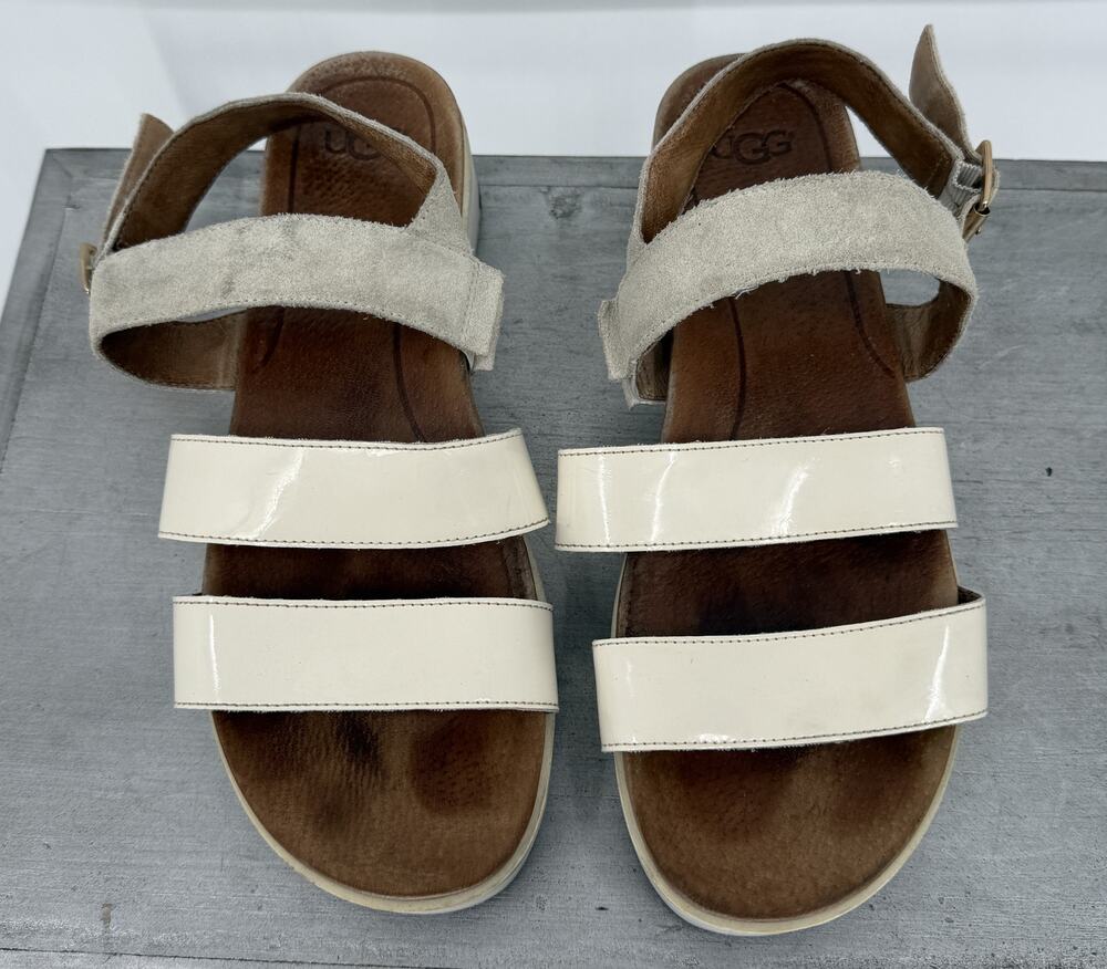 UGG Women's Braelynn Platform Sandals White Patent Leather and Suede 9.5 Boho
